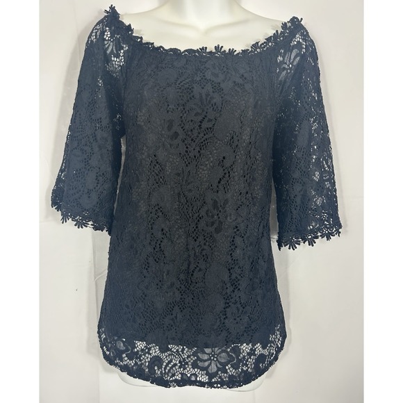 Miholl Black Crochet Lace Off Shoulder Top L Romantic Goth Coquette Whimsigoth - Picture 4 of 12